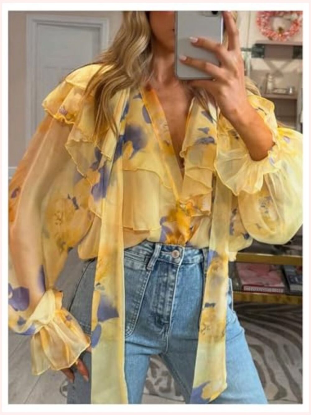 Floral Ruffle Blouse Tie Neck Bell Sleeve Layered Top - Picture 5 of 5